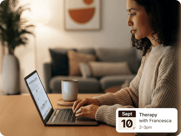 A booked session waiting at home: Therapy with Francesca, 2 to 3pm