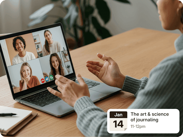 A group video circle mid-session, a scheduled event card in view