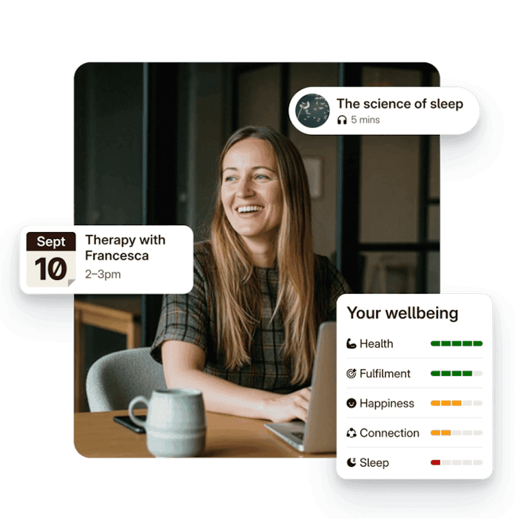 A booked session, guided content and wellbeing tracked over time