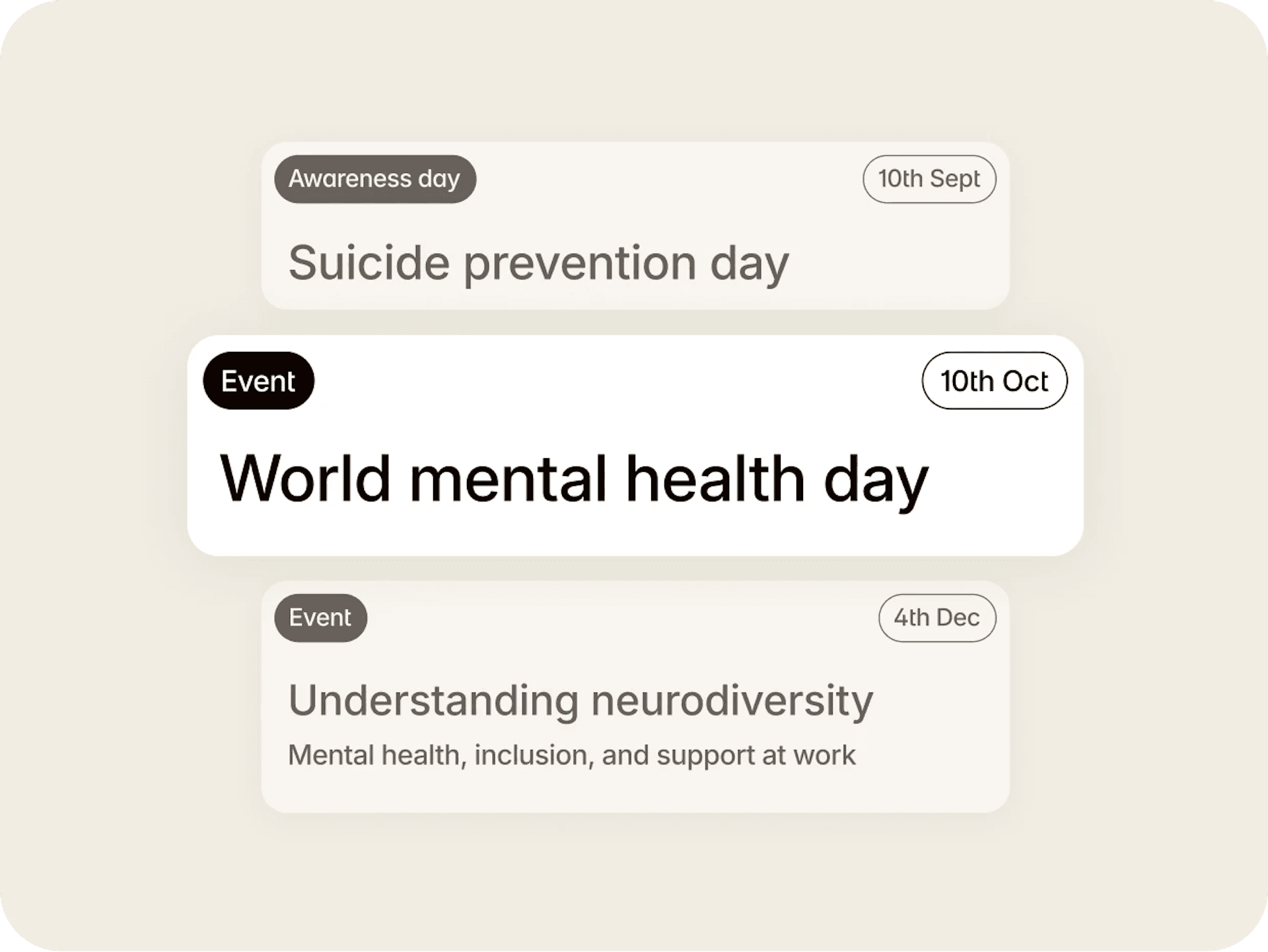 A program calendar with Suicide Prevention Day, World Mental Health Day and a neurodiversity workshop