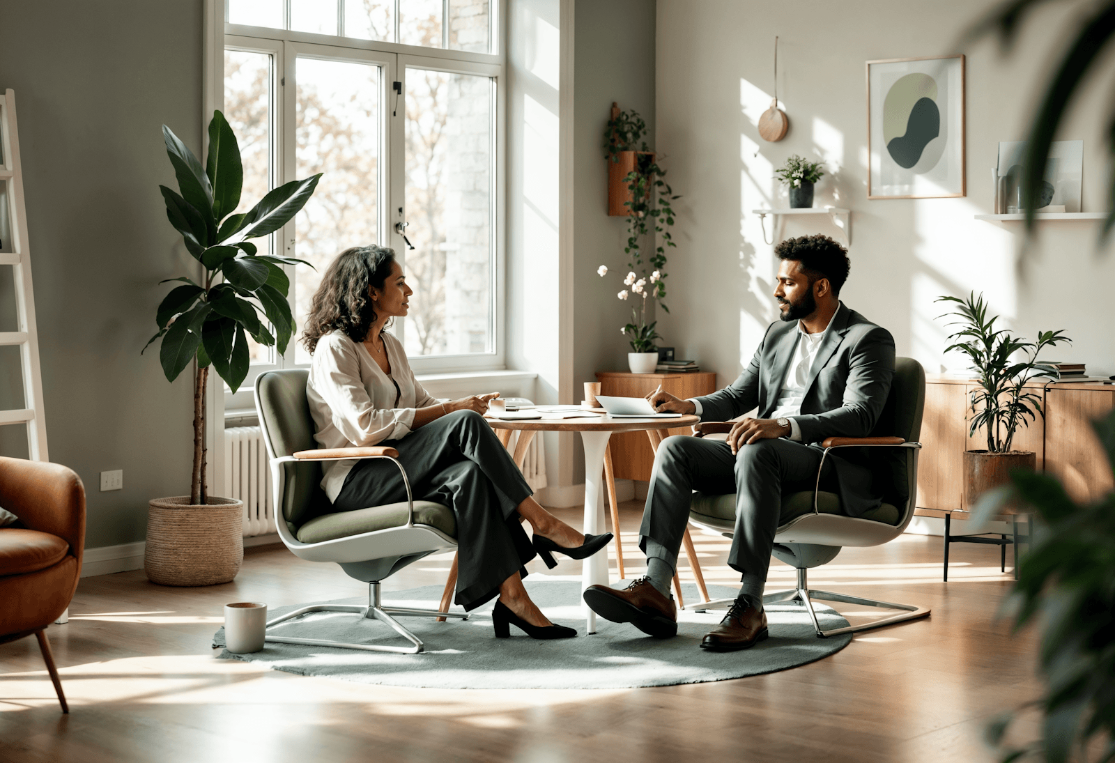 Two people meeting across a table in a bright, plant-filled consulting room