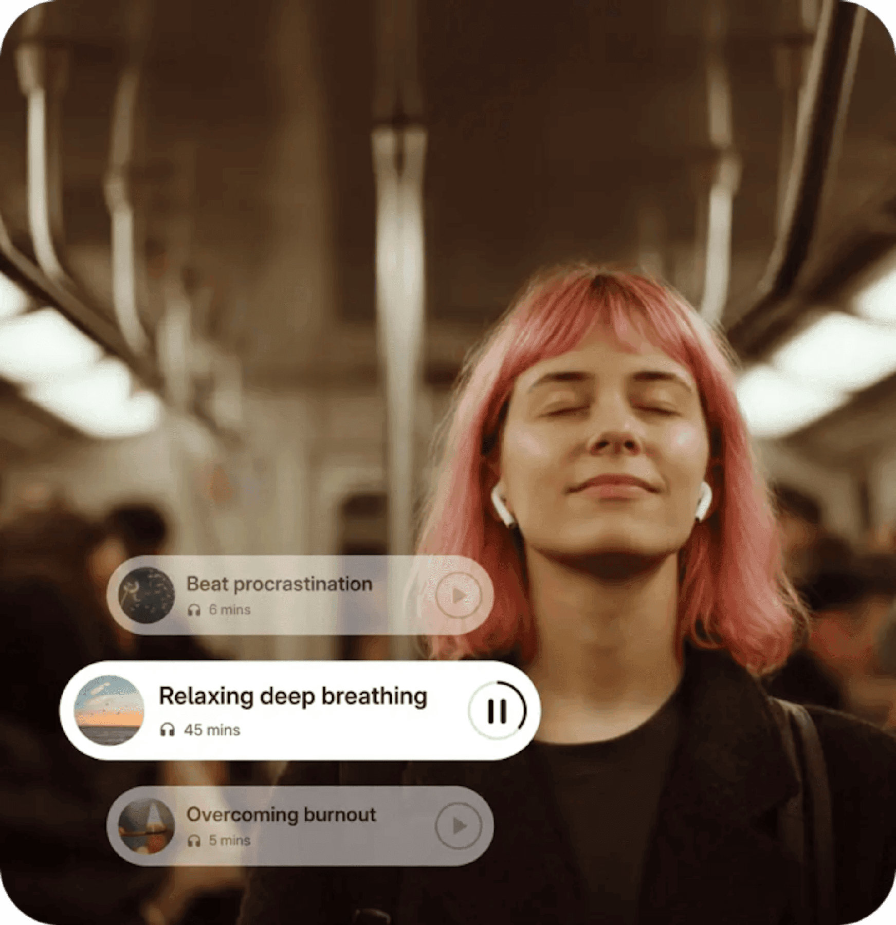 A person on public transit with eyes closed, guided audio playing