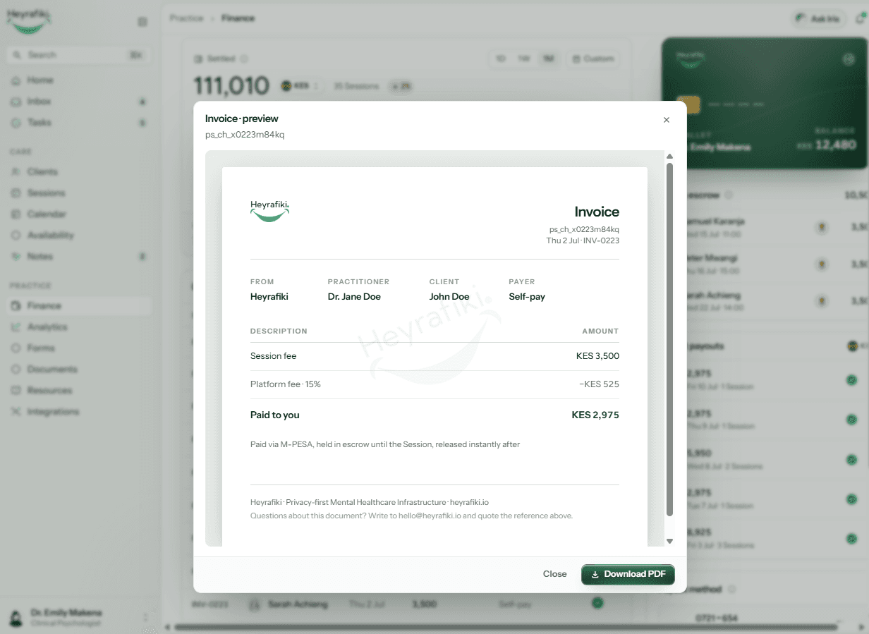 A paid Session invoice inside the Heyrafiki Finance dashboard